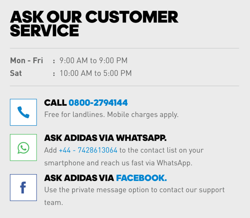 Be telefono numerio, „Adidas“ pateikia „WhatsApp“ ir „Facebook Messenger“ nuorodas, kuriose pateikiamos klientų aptarnavimo galimybės.