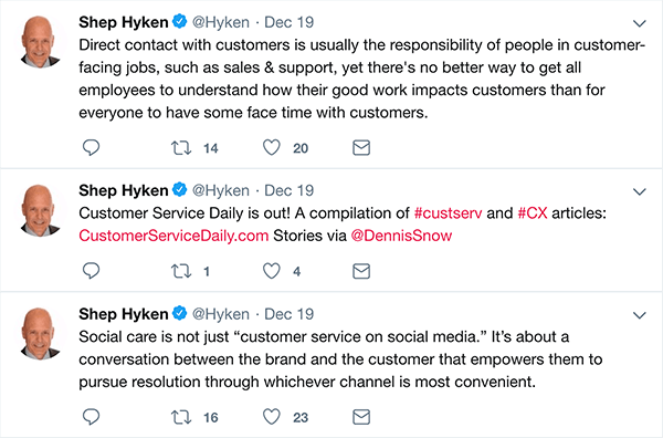 Tai yra trijų tweet'ų, kuriuos Shepas Hykenas padarė apie klientų aptarnavimą, ekrano kopija.