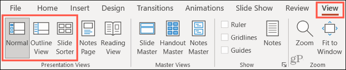 „PowerPoint“ įprastas, kontūras ir skaidrių rūšiavimo rodinys