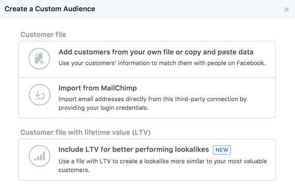 Sukurkite „Facebook“ pasirinktinę auditoriją iš savo el. Pašto sąrašo.