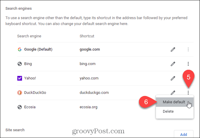 „Chrome“ naujo skirtuko puslapyje pasirinkite Nustatyti numatytąjį paieškos varikliui, kurį norite naudoti kaip numatytąjį