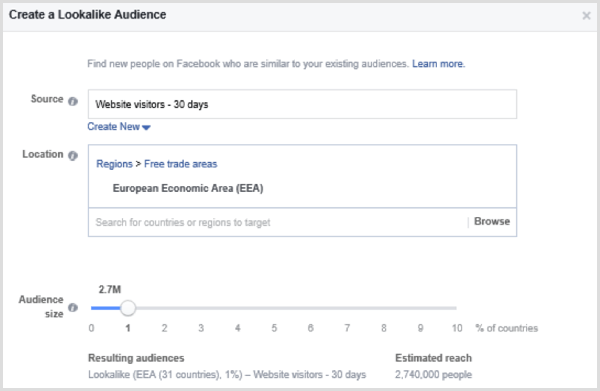 Pasirinkite parinktis, kaip nustatyti panašią „Facebook“ auditoriją, atsižvelgiant į pasirinktą svetainės lankytojų auditoriją per pastarąsias 30 dienų