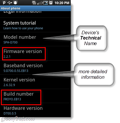„Android“ programinė įranga ir versijos numeris, taip pat modelio numeris