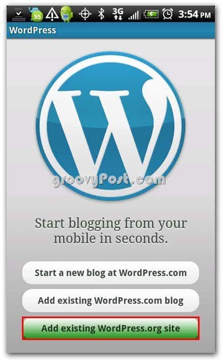 „Wordpress“ „Android“ sąrankos meniu - pridėkite esamą svetainę