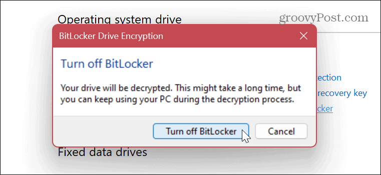 Išjungti arba laikinai sustabdyti „BitLocker“. 