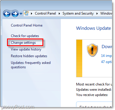 „Windows 7“ - „Windows“ naujinimo konfigūracijos nuorodos ekrano kopija