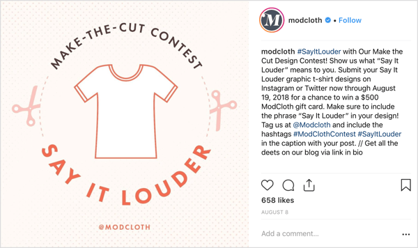 „ModCloth“ paprašė „Instagram“ vartotojų pasidalinti savo dizainu originaliuose pranešimuose ir pasiūlė didelę paskatą (proporcingai užduočiai): galimybę laimėti 500 USD dovanų kortelę.