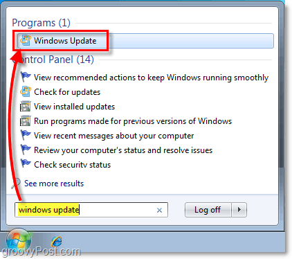 Paleiskite „Windows 7“ „Windows Update“: ekrano kopiją