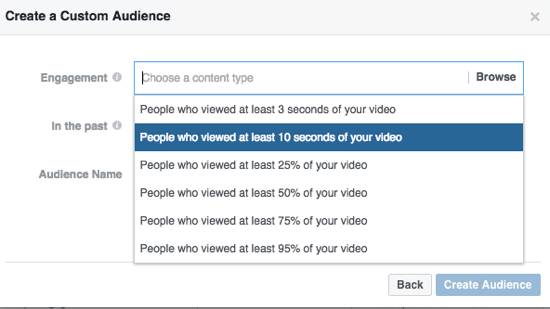 Susiaurinkite „Facebook“ auditoriją pagal žiūrėtų vaizdo įrašų procentinę dalį.