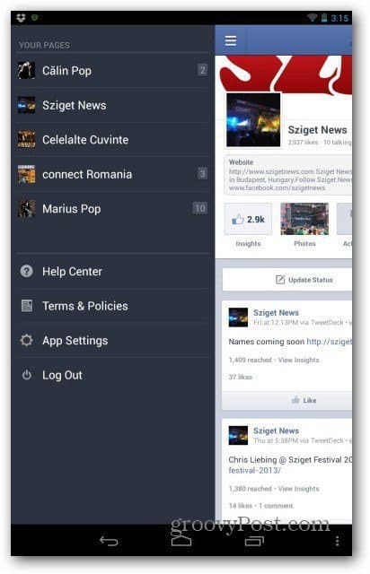 „Facebook“ puslapiai, skirti „Android“, pasirinkti puslapį