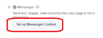Jei pasirinkote „Messenger“ kaip skelbimo paskirties vietą, spustelėkite Nustatyti „Messenger“ turinį.