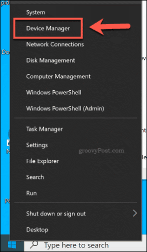 „Device Manager“ pasiekimas iš „Windows 10“ meniu Pradėti