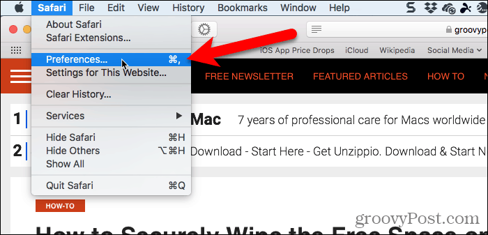 Eikite į „Safari“> „Preferences“, naudodami „Safari for Mac“