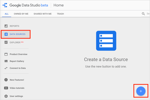 Atidarykite skirtuką Duomenų šaltiniai ir dešinėje spustelėkite mygtuką +.