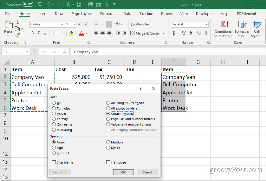 įklijuoti stulpelių plotį "Excel"