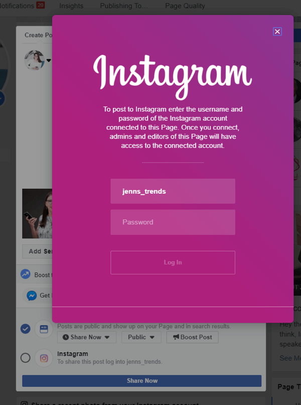 Kaip kryžminiu būdu paskelbti „Instagram“ iš „Facebook“ darbalaukyje, 4 žingsnis, prisijunkite prie „Instagram“