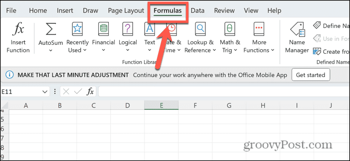 „Excel“ formulių meniu