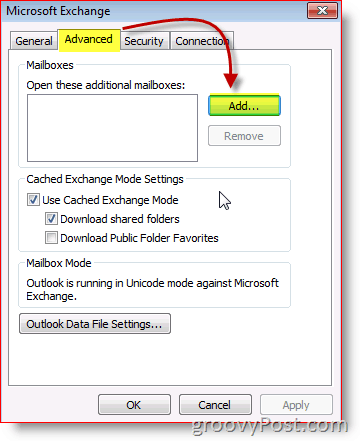 „Outlook 2010“ ekrano kopijos keitimo išplėstinis skirtukas pridėkite pašto dėžutę