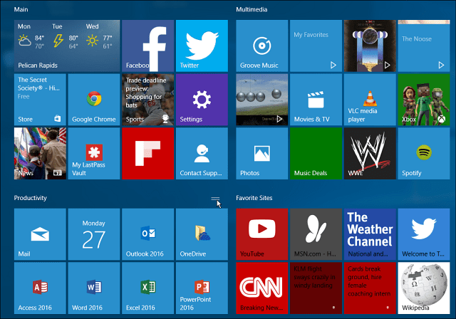„Windows 10“ plytelių grupių pradžios meniu yra didelis