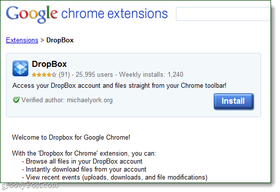 „Google Chrome“ „dropbox“ kaip „michaelyork.org“ plėtinys
