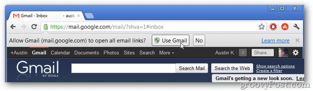 naudoti „Gmail“ kaip numatytąją el. pašto nuorodų tvarkyklę