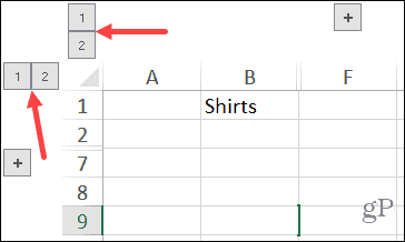 Grupuoti stulpelių ir eilučių skaičiaus mygtukai „Windows“ sistemoje „Excel“