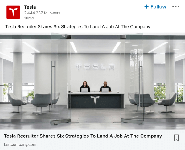 „Tesla LinkedIn“ įmonės puslapio įrašo pavyzdys.