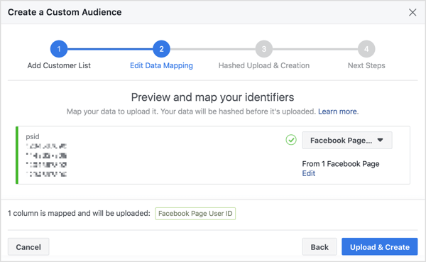 Kai importuojate „Messenger“ robotų abonentų sąrašą, norėdami sukurti pasirinktinę auditoriją, „Facebook“ susieja savo „Facebook“ vartotojo ID numerį, susietą su jų profiliu.