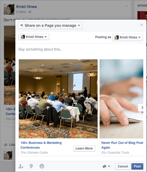 „facebook“ karuselės skelbimas bendrinamas kaip puslapio įrašas su komentaru