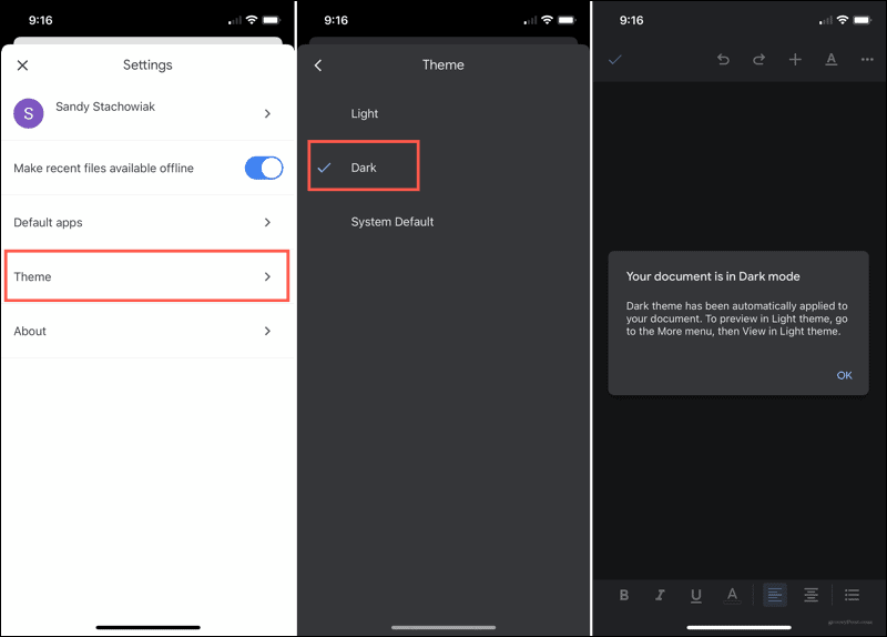 „IPhone“ įgalinkite „Dark Mode“ „Google“ dokumentuose