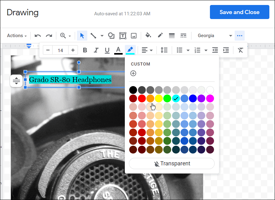 Šrifto spalva ir tt kaip sluoksniuoti vaizdus „Google“ dokumentuose