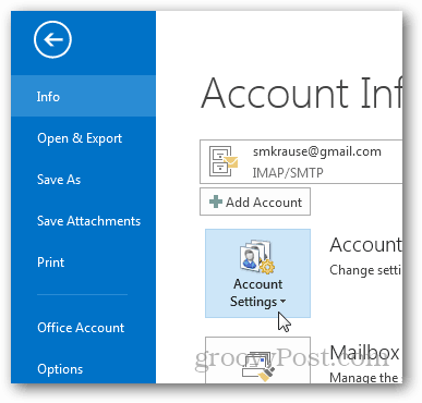 kaip sukurti „pst“ failą „Outlook 2013“ - spustelėkite paskyros nustatymus