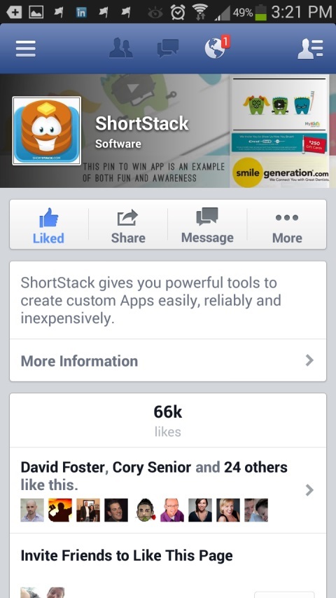 „shortstack“ facebook puslapis mobiliajame įrenginyje