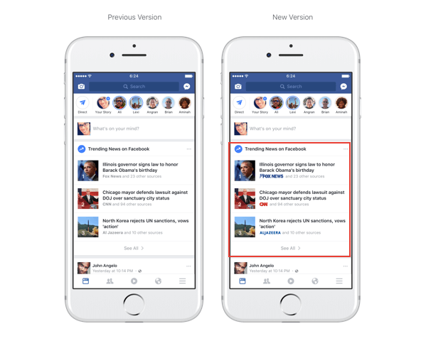 „Facebook“ dabar pateikia leidėjų logotipus skiltyje „Tendencijos“ ir paiešką.