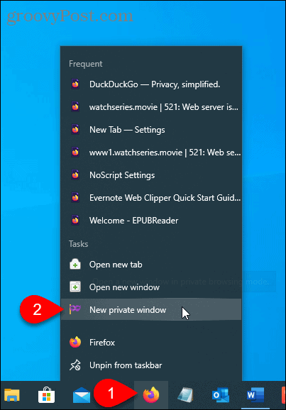 Užduočių juostoje pasirinkite Naujas privatus langas „Firefox“