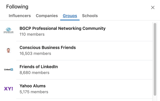 „LinkedIn“ profilio išplėstas laukas „Pomėgiai“ su pasirinktu skirtuku Grupė