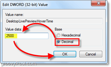 „Windows 7 DesktopLivePreviewHoverTime“ pritaikykite žodyno ypatybes dešimtainėmis, o duomenų reikšmę - 2500