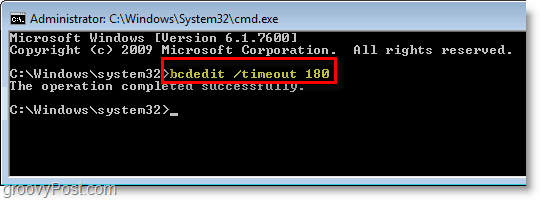 „Windows 7“ ekrano kopija - „cmd“ įveskite bcdedit / timeout 180