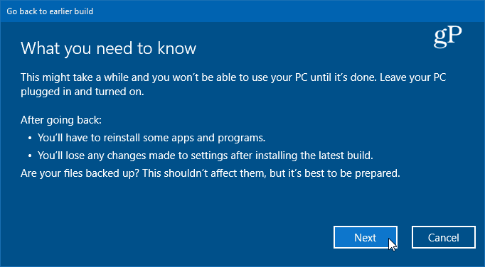 išsami informacija apie ankstesnės „Windows 10“ versijos atkūrimą