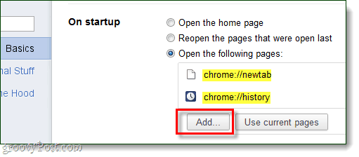 „Chrome“ paleidimas Pridėkite puslapių atidaryti