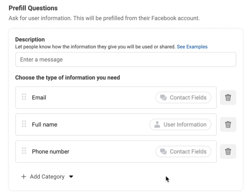 „Facebook“ potencialių klientų skelbimuose sukuriama nauja potencialių klientų formos parinktis, kad būtų galima pridėti užpildymo klausimų su el. pašto, viso vardo ir telefono numerio pavyzdžiais