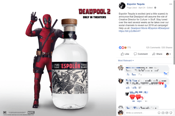 Ankstyvas „Deadpool“ perėmimas paskatino žmones kalbėti apie „Espolòn“ prekės ženklą ir juo dalytis.