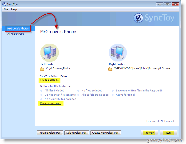 „Microsoft SyncToy“ pagrindinio meniu ekrano kopija