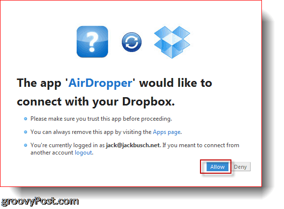 „AirDropper Dropbox“ - prijunkite programą prie „Dropbox“