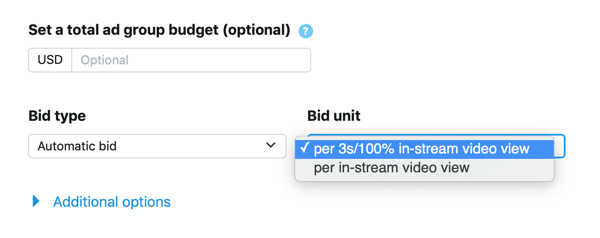 Galimybė nustatyti „Twitter“ skelbimo vaizdo įrašo sraute (prieš rodymą) kainos pasiūlymo tipą ir vienetą.