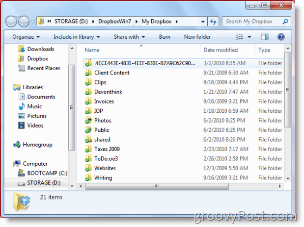 „Dropbox“ aplankas „Windows 7“ vaizde