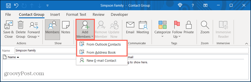 Pridėkite narių prie naujos „Outlook“ kontaktų grupės
