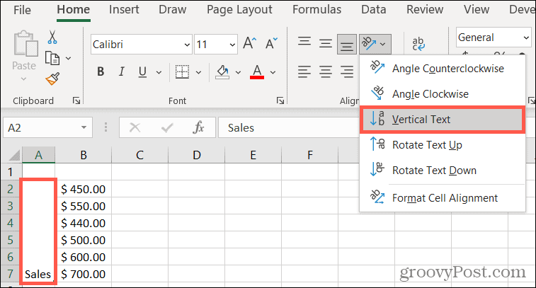 Pasirinkite Orientation, Vertical Text