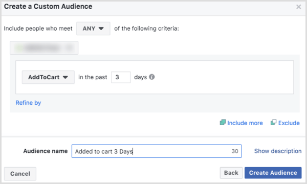 Pasirinkite parinktis, norėdami sukurti „Facebook“ pasirinktinę auditoriją pagal „AddToCart“ įvykį