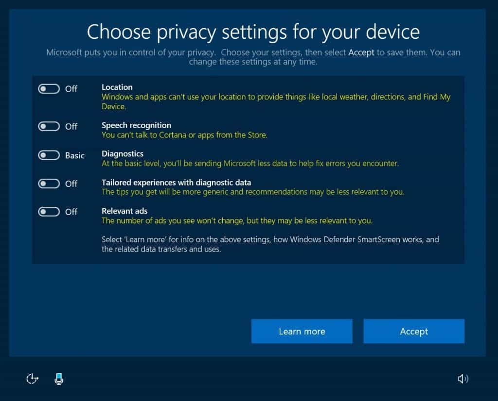 „Windows 10“, Privatumas, Kūrėjų atnaujinimas, OOBE